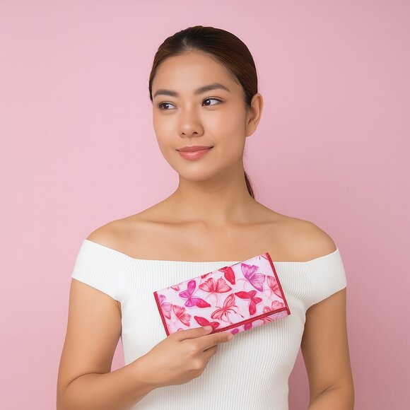 Pink Butterflies Printed Fabric Trifold Wallet & Card Holder – Women Organizer - Picture 2 of 8
